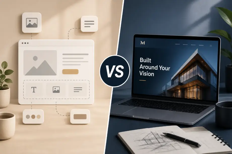 A custom website and a template website compared side by side, with the six real differences between them listed