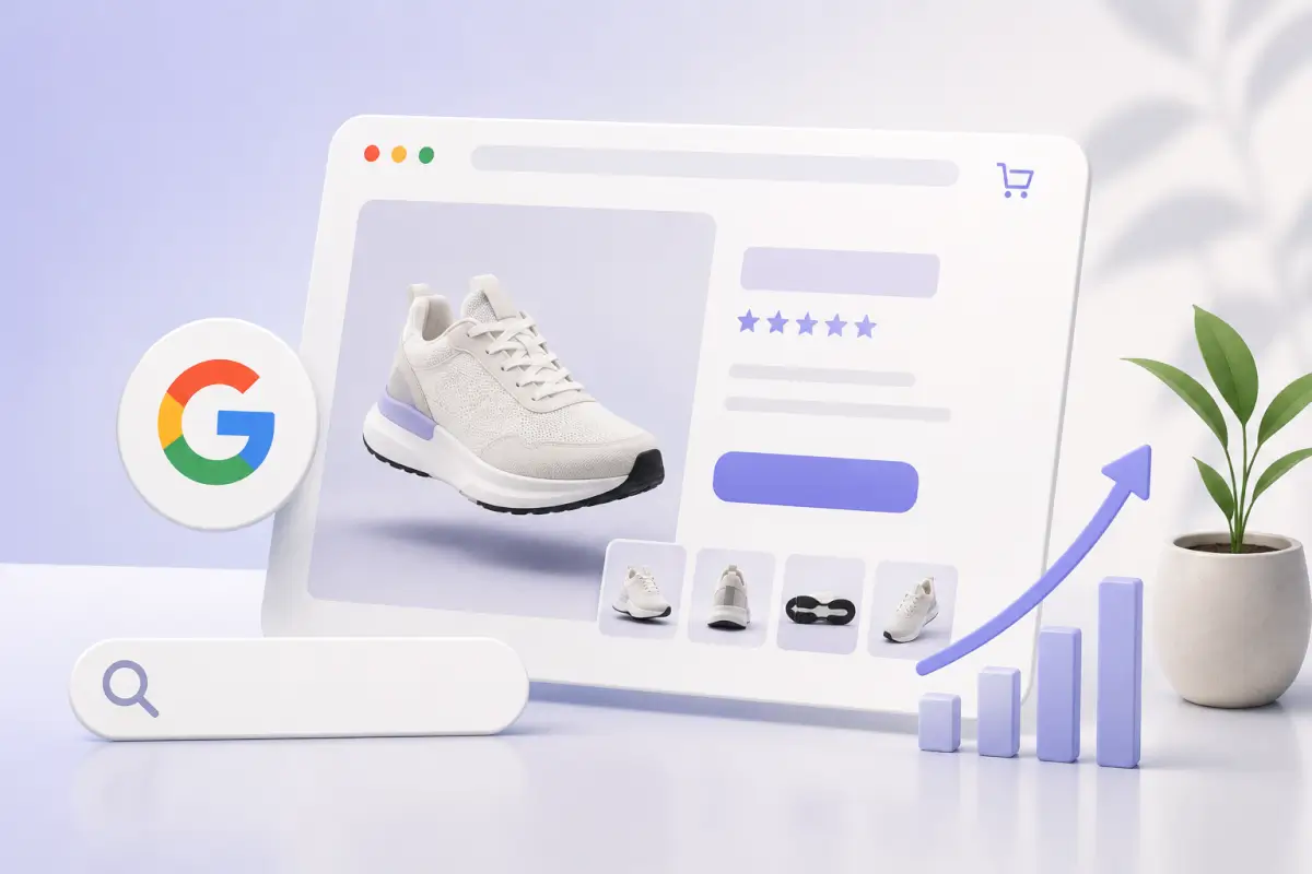 A product page being optimised for search engines, with checklist items for title, description, variants, structured data, images and speed around a product card