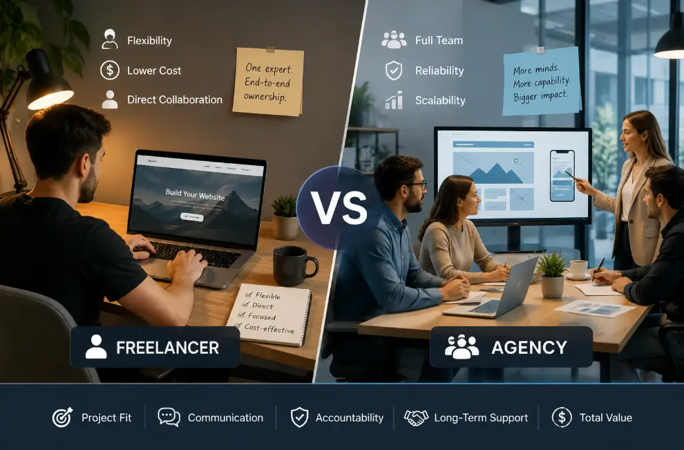 A small business owner deciding between hiring a freelance web designer or a web design agency