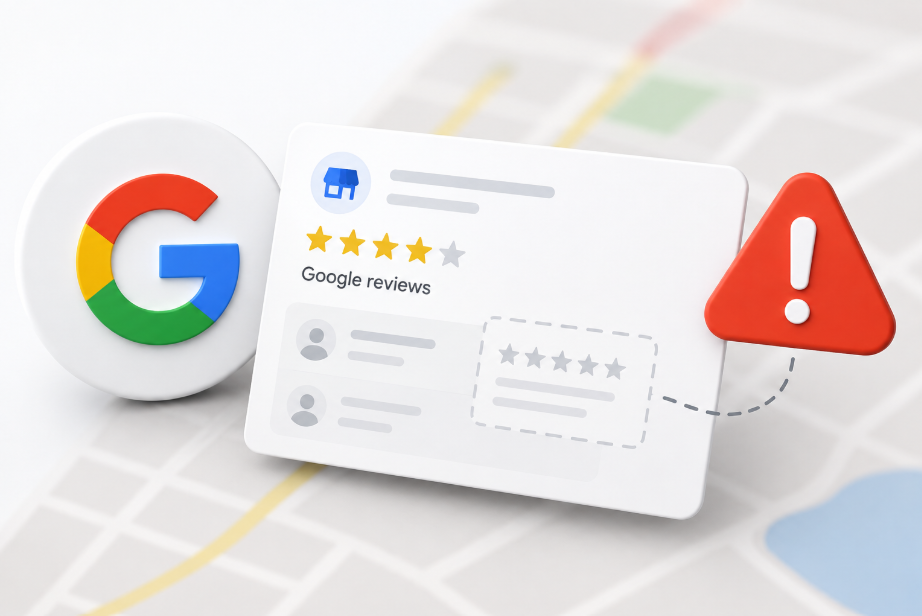 A Google Business Profile showing a reviews section with disappeared reviews, a magnifier over the diagnosis steps and a checklist for asking customers for reviews the compliant way