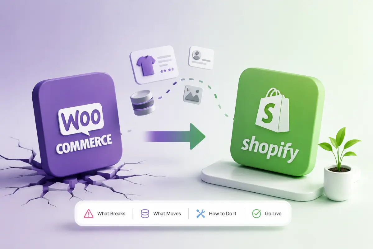 A WooCommerce store being moved to Shopify, with a checklist showing what transfers, what must be rebuilt, and a redirect map protecting the old URLs