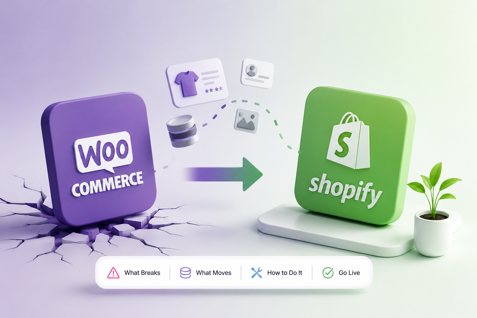 A WooCommerce store being moved to Shopify, with a checklist showing what transfers, what must be rebuilt, and a redirect map protecting the old URLs