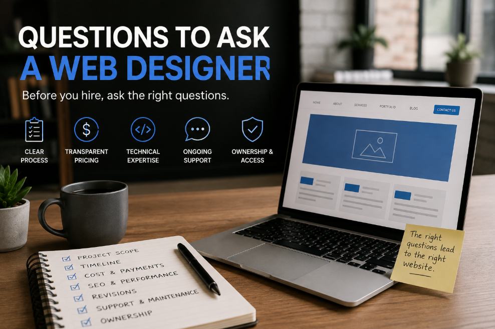 A small business owner going through a checklist of questions during a web designer consultation