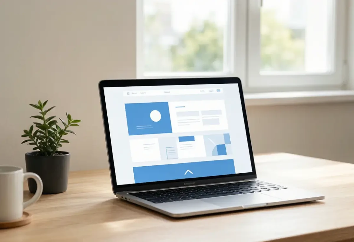 A laptop on a wooden desk displaying a website layout on screen