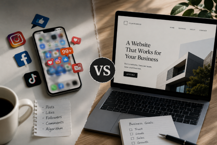 A website (owned front door) versus social media (rented channel), with traffic flowing from social media into the website