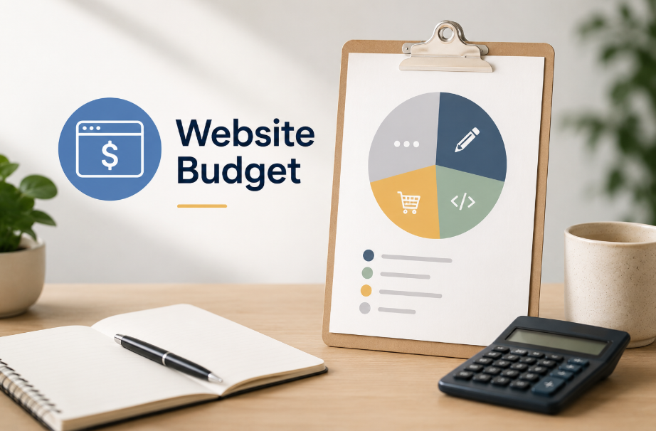 A website budget split into four categories on a table, with the one-off build, ongoing essentials, growth spend and upgrade categories marked, and a two-year total line