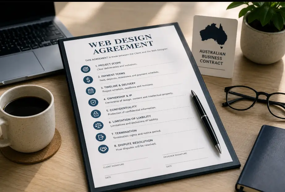 A web design contract document on a desk with clause lines, a signature box and an approved stamp