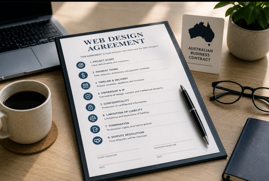 A web design contract document on a desk with clause lines, a signature box and an approved stamp