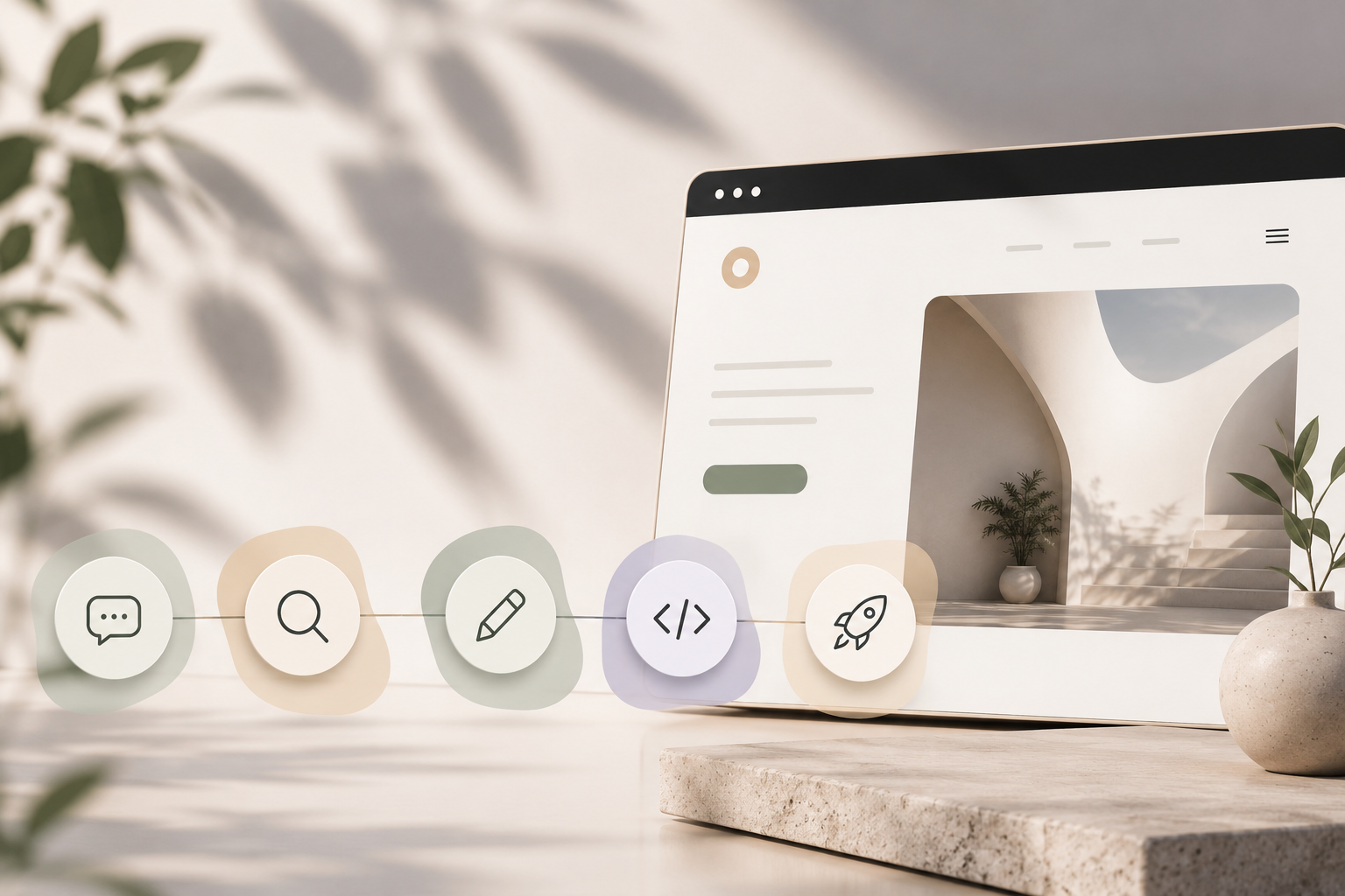 A web design project shown as a path through seven stages from discovery to launch, with checkpoints a client signs off at each step