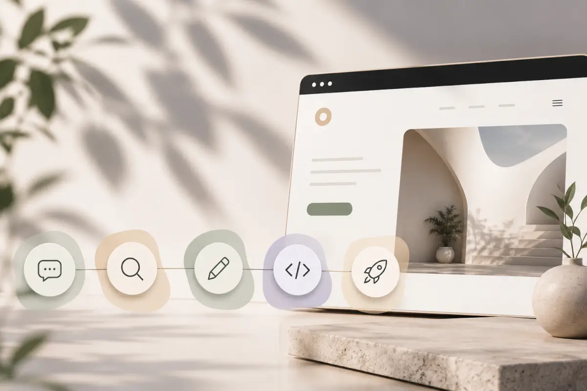 A clean website interface with icons for messaging, search, editing, code and launch