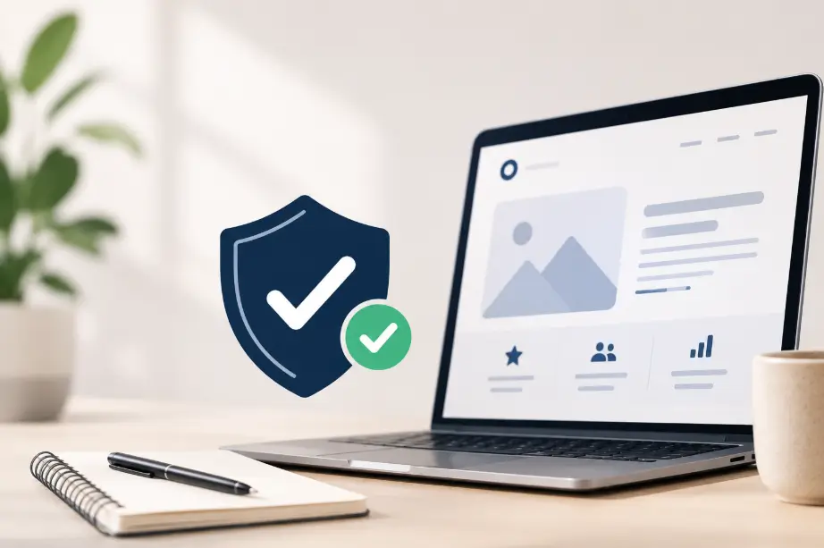 A magnifier over a web design company's ABN lookup record and business name registration, with a verification checklist