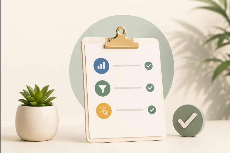 A website conversion audit checklist on a clipboard, with the eight audit areas marked and scores being recorded