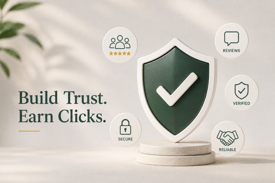 A website page showing the trust signals that build visitor trust and drive conversions, with the four trust factors marked
