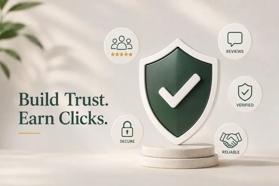 A website page showing the trust signals that build visitor trust and drive conversions, with the four trust factors marked