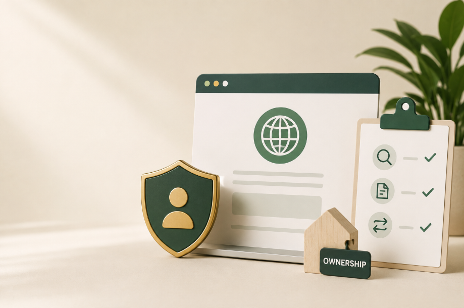 A website domain and hosting account with the ownership labels being checked, a magnifier over the audit list and the transfer steps